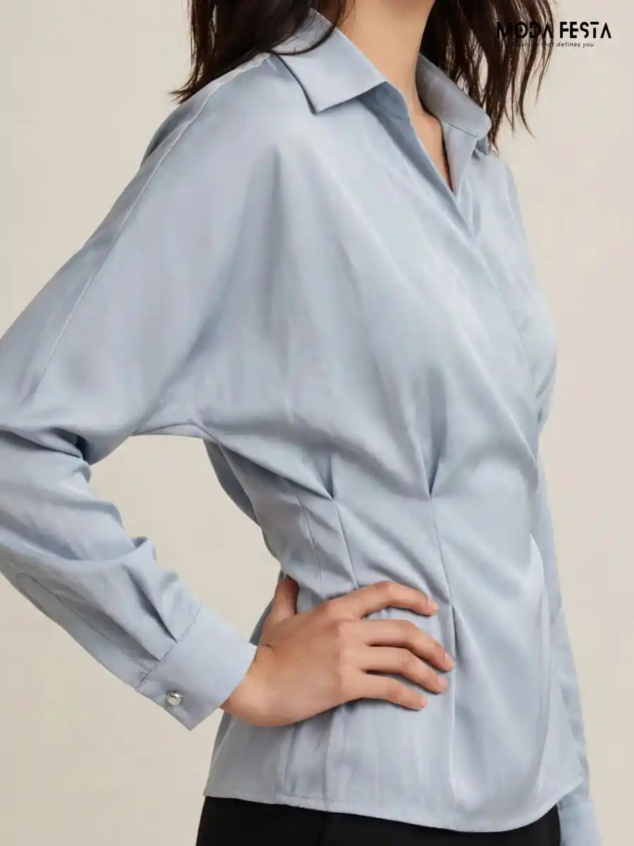 ModaFesta -Light Blue Satin Wrap-Style Collared Long Sleeve Top